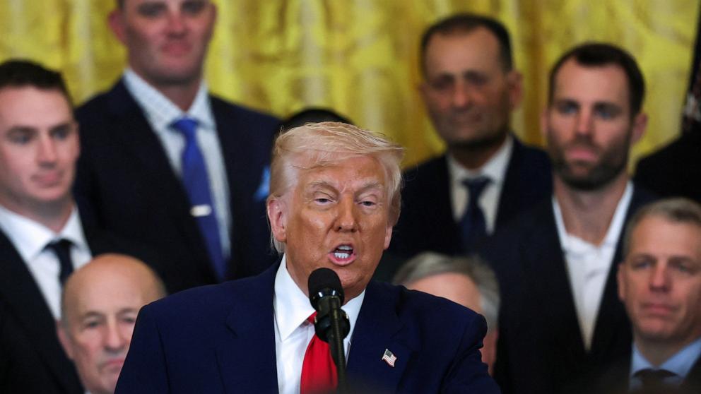 PHOTO: President Donald Trump welcomes the members of the 2024 World Series Champion Los Angeles Dodgers in the East Room at the White House in Washington, April 7, 2025.