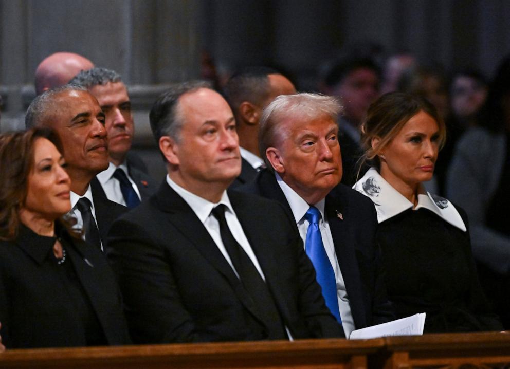 PHOTO: Vice President Kamala Harris, f former President Barack Obama, second gentleman Doug Emhoff, President-elect Donald Trump and his wife Melania Trump listen during a state funeral for former President Jimmy Carter, Jan. 9, 2025, in Washington.