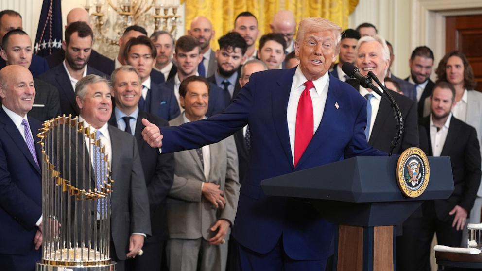 PHOTO: President Donald Trump speaks during a ceremony to honor the Major League Baseball 2024 World Series Champion Los Angeles Dodgers in the East Room of the White House, April 7, 2025, in Washington.