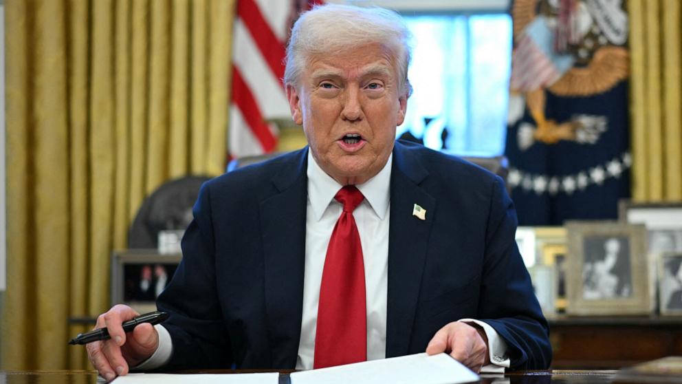 PHOTO: President Donald Trump speaks before signing an executive order announcing tariffs on auto imports in the Oval Office of the White House in Washington, Mar. 26, 2025.