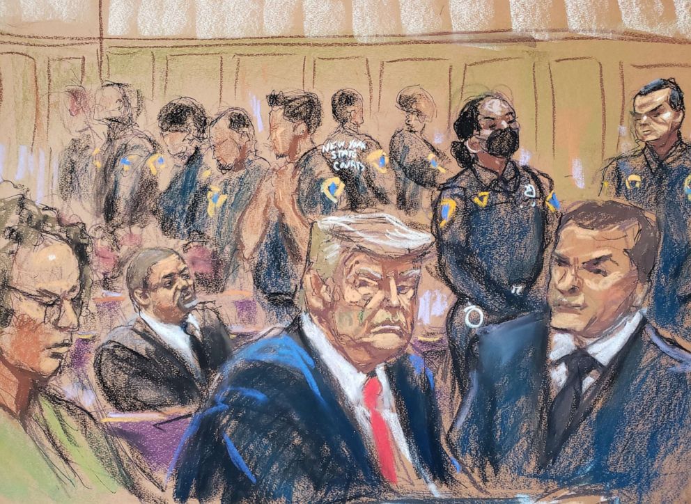 PHOTO: Former President Donald Trump appears in court for an arraignment on charges stemming from his indictment by a Manhattan grand jury in this courtroom sketch, Apr. 4, 2023 in New York City.