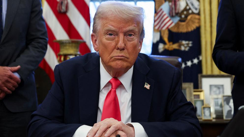 PHOTO: President Donald Trump speaks to the press in the Oval Office, at the White House in Washington, Feb. 25, 2025. 