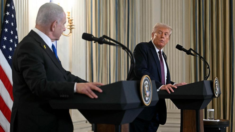 PHOTO: President Donald Trump and Israeli Prime Minister Benjamin Netanyahu participate in a press conference in the State Dining Room of the White House in Washington, September 29, 2025.