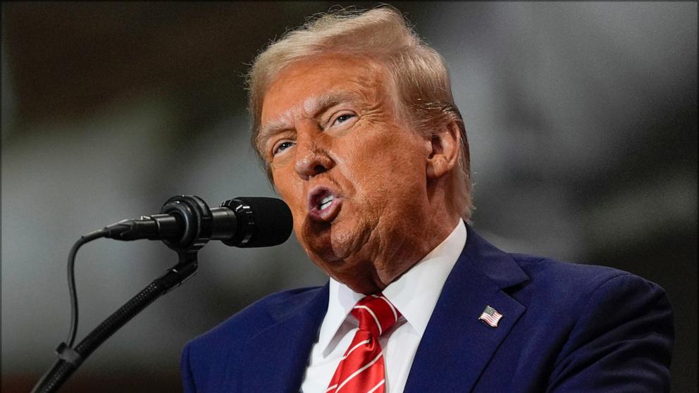 PHOTO: Republican presidential nominee, former U.S. President Donald Trump speaks during a campaign event, Oct. 30, 2024, in Rocky Mount, North Carolina. 