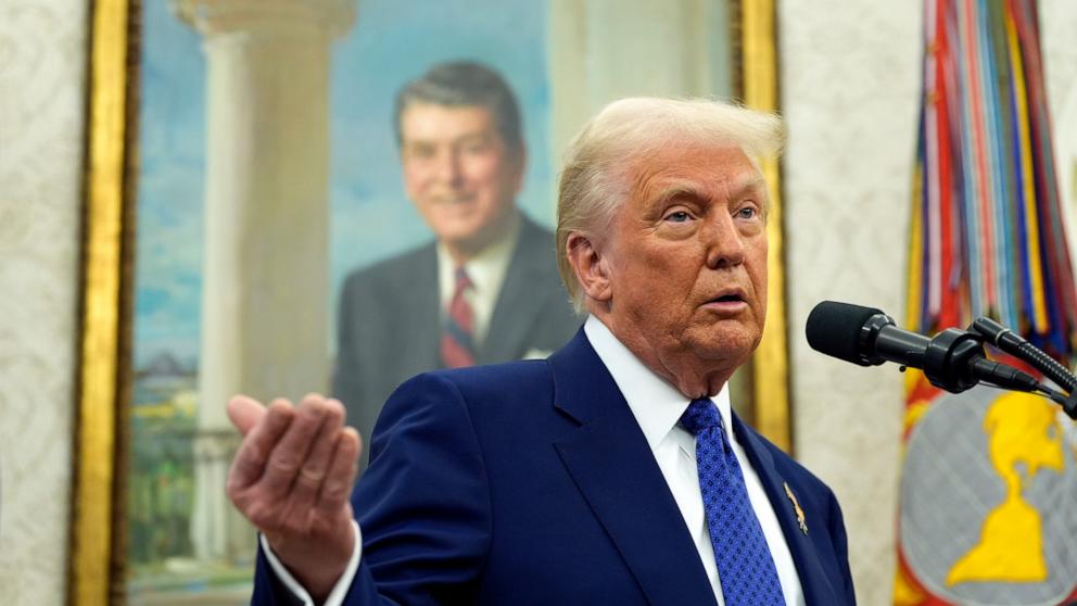 PHOTO: President Donald Trump speaks after Tulsi Gabbard was sworn in as Director of National Intelligence (DNI) in the Oval Office of the White House in Washington, Feb. 12, 2025.