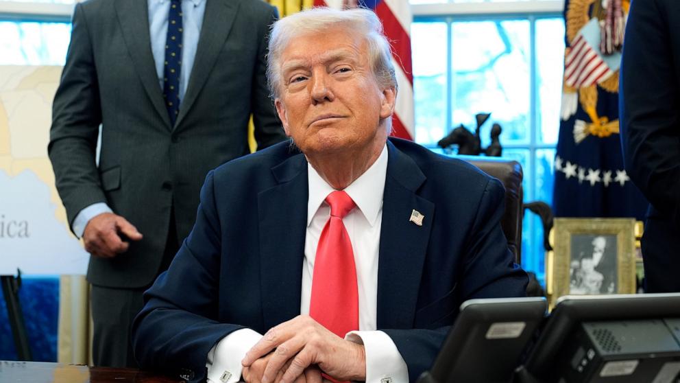 PHOTO: President Donald Trump speaks to the press in the Oval Office, at the White House in Washington, Feb. 25, 2025.