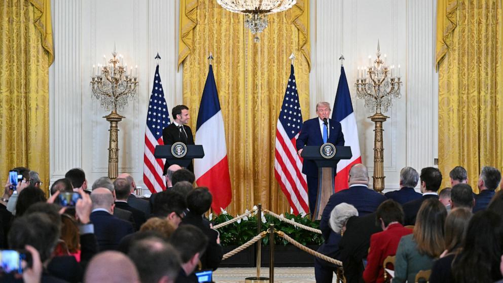PHOTO: President Donald Trump and French President Emmanuel Macron hold a joint press conference in the East Room to the White House in Washington, Feb. 24, 2025.