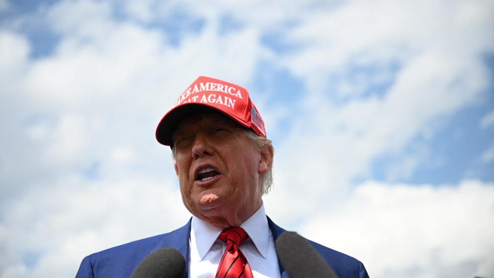 PHOTO: President Donald Trump speaks to the press upon arrival at Morristown Municipal Airport in Morristown, New Jersey, June 20, 2025.