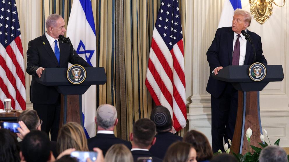 PHOTO: President Donald Trump and Israeli Prime Minister Benjamin Netanyahu participate in a press conference in the State Dining Room of the White House in Washington, September 29, 2025.