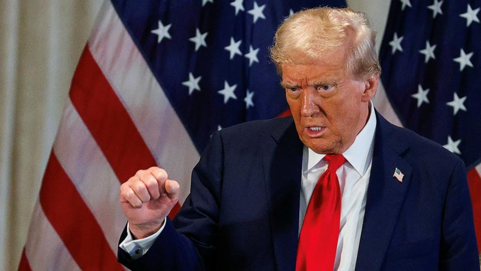 PHOTO: Republican presidential nominee and former President Donald Trump gestures, as he attends a press conference on "Trump Will Fix It", at Mar-a-Lago, in Palm Beach, Fla., Oct. 29, 2024.