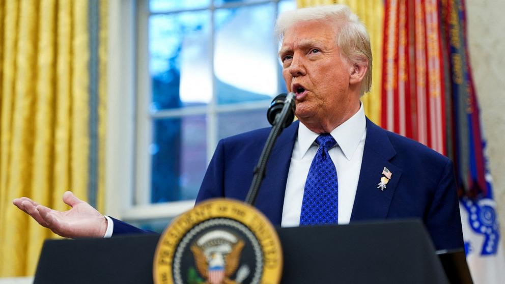 PHOTO: President Donald Trump speaks after Tulsi Gabbard was sworn in as Director of National Intelligence (DNI) in the Oval Office of the White House in Washington, Feb. 12, 2025.