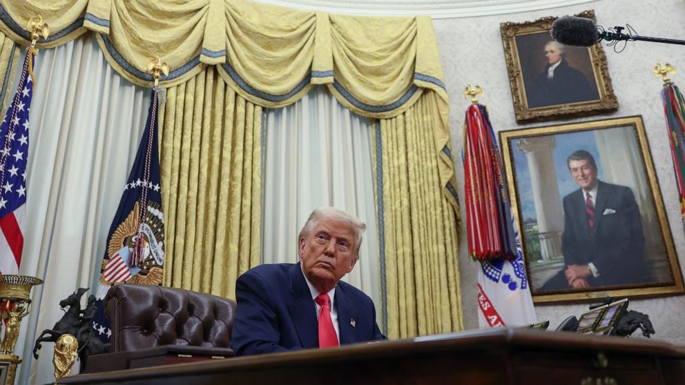 PHOTO: President Donald Trump speaks after signing executive orders in the Oval Office of the White House in Washington, Mar. 6, 2025.