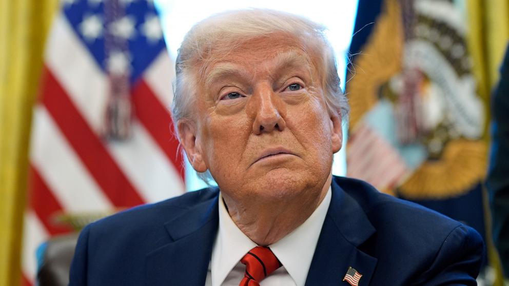 PHOTO: President Donald Trump speaks as he signs executive orders in the Oval Office of the White House, April 17, 2025, in Washington.