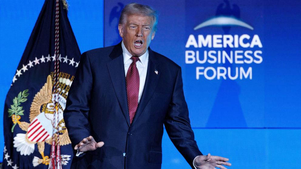 PHOTO: President Donald Trump arrives to speak at the American Business Forum in Miami, November 5, 2025.