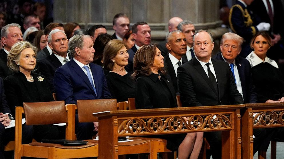 PHOTO: Vice President Kamala Harris, former President Barack Obama, former Vice President Mike Pence, former President George W. Bush and President-elect Donald Trump attend the funeral for former U.S. President Jimmy Carter in Washington, Jan. 9, 2025. 