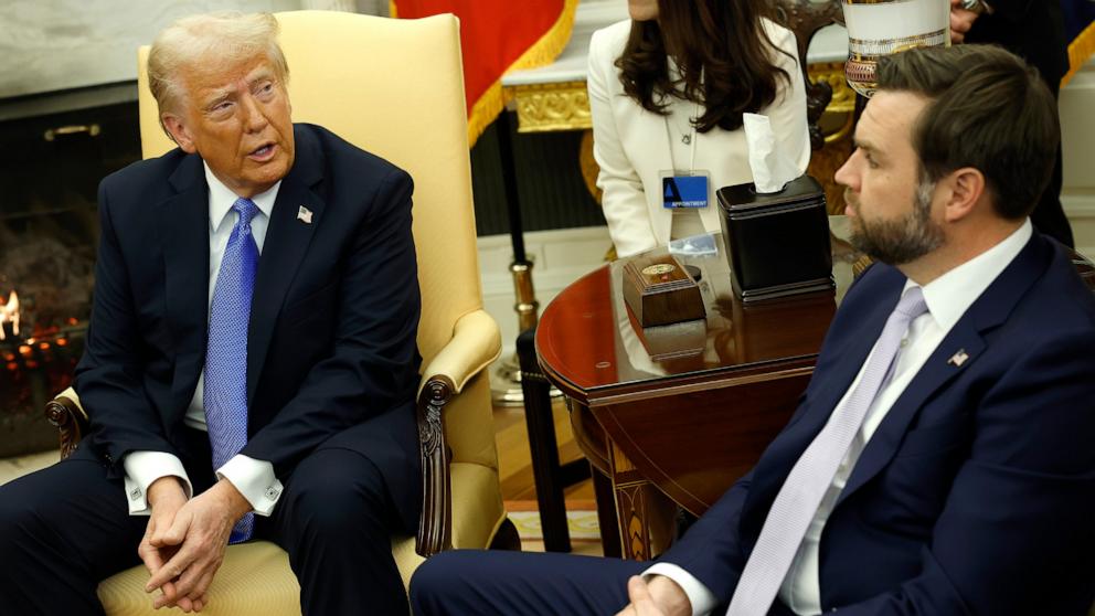 PHOTO: President Donald Trump and Vice President JD Vance participate in a meeting with Japanese Prime Minister Shigeru Ishiba in the Oval Office of the White House, Feb. 7, 2025 in Washington.