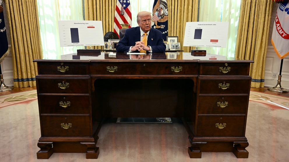 PHOTO: President Donald Trump delivers remarks in the Oval Office of the White House in Washington, Mar. 7, 2025.