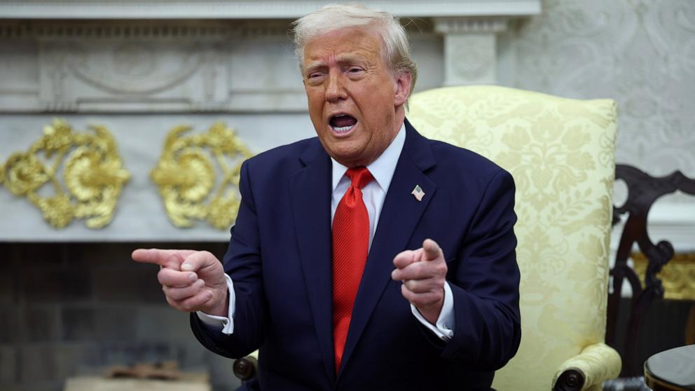 PHOTO: President Donald Trump meets with President Nayib Bukele of El Salvador in the Oval Office of the White House, April 14, 2025 in Washington.