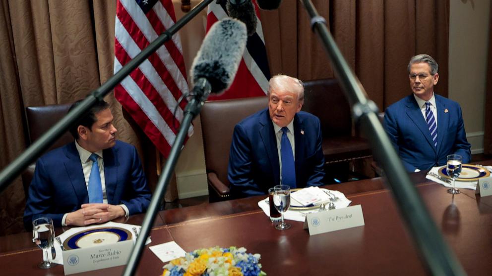 PHOTO: President Donald Trump sits between Secretary of State Marco Rubio and Treasury Secretary Scott Bessent as he speaks during a bilateral lunch with Norway's Prime Minister Jonas Gahr Store at the White House on April 24, 2025 in Washington.