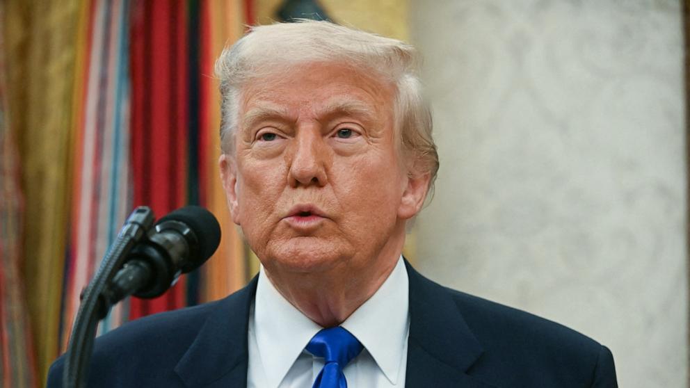 PHOTO: President Donald Trump speaks during an announcement that Washington, DC, will host the 2027 NFL Draft, during an event in the Oval Office of the White House in Washington, May 5, 2025.