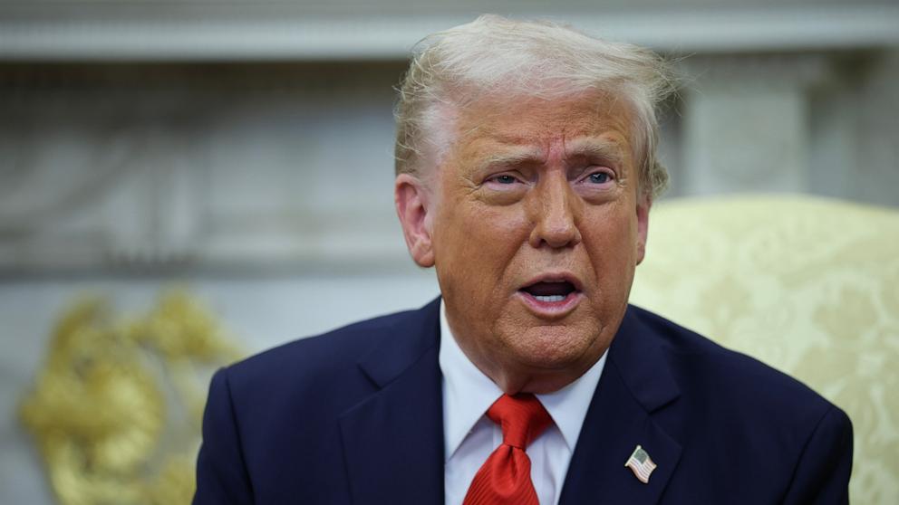 PHOTO: President Donald Trump speaks as he meets with President Nayib Bukele of El Salvador in the Oval Office of the White House, April 14, 2025 in Washington.