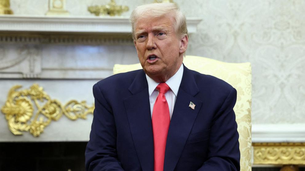 PHOTO: President Donald Trump speaks to reporters as he meets with Irish Prime Minister Micheal Martin in the Oval Office of the White House in Washington, Mar. 12, 2025.