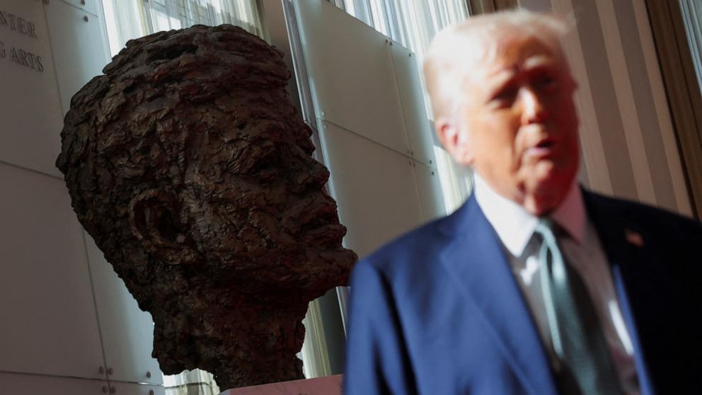 PHOTO: President Donald Trump speaks to the media after attending a board meeting at the Kennedy Center, in Washington, Mar. 17, 2025.