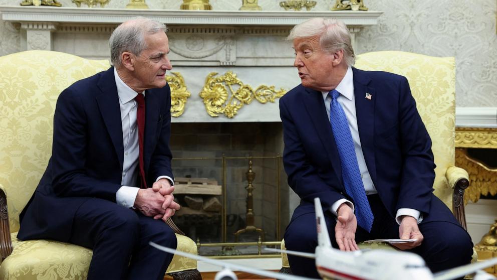 PHOTO: President Donald Trump meets with Norway's Prime Minister Jonas Gahr Stoere in the Oval Office of the White House in Washington, April 24, 2025. 