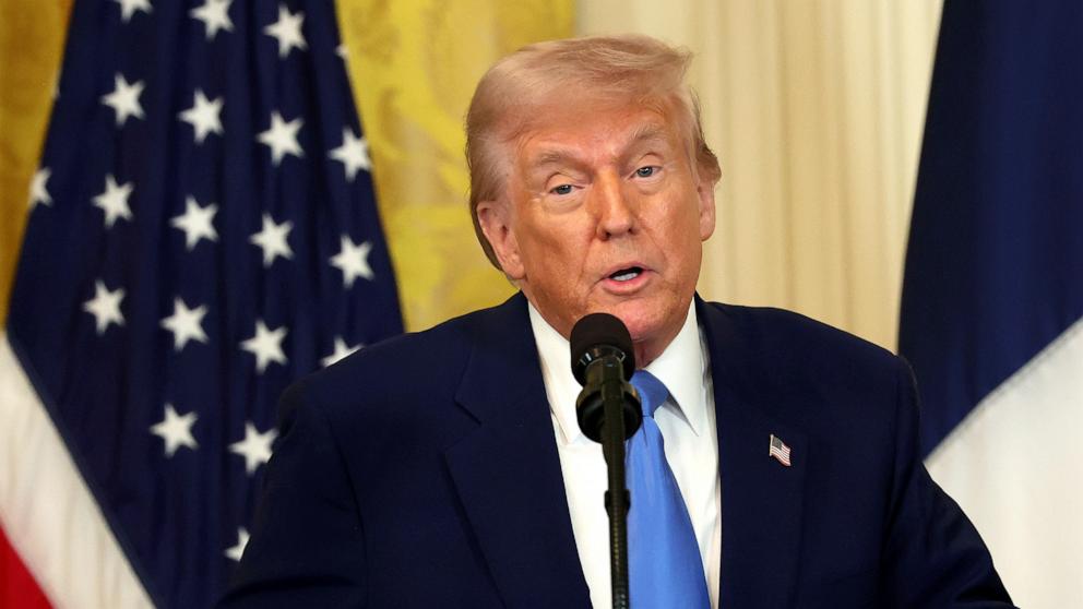 PHOTO: President Donald Trump speaks during a joint news conference with French President Emmanuel Macron in the East Room to the White House in Washington, Feb. 24, 2025.