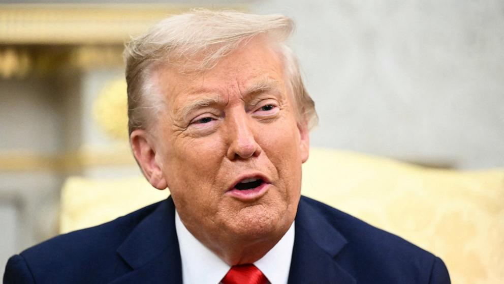 PHOTO: President Donald Trump speaks to the press during a bilateral meeting with South Korean President Lee Jae Myung in the Oval Office of the White House in Washington, August 25, 2025.