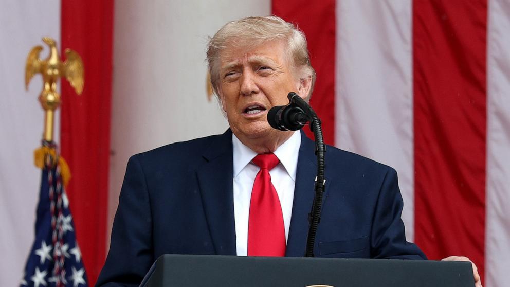 PHOTO: President Donald Trump delivers remarks during a Memorial Day ceremony at Arlington National Cemetery, May 25, 2026 in Arlington, Virginia.