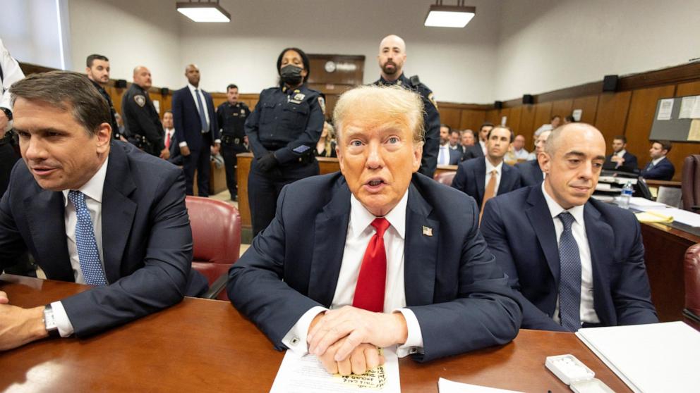 PHOTO: Former President Donald Trump sits at the defendant's table with his attorneys Todd Blanche and Emil Bove during his criminal trial at New York State Supreme Court in New York, May 28, 2024.