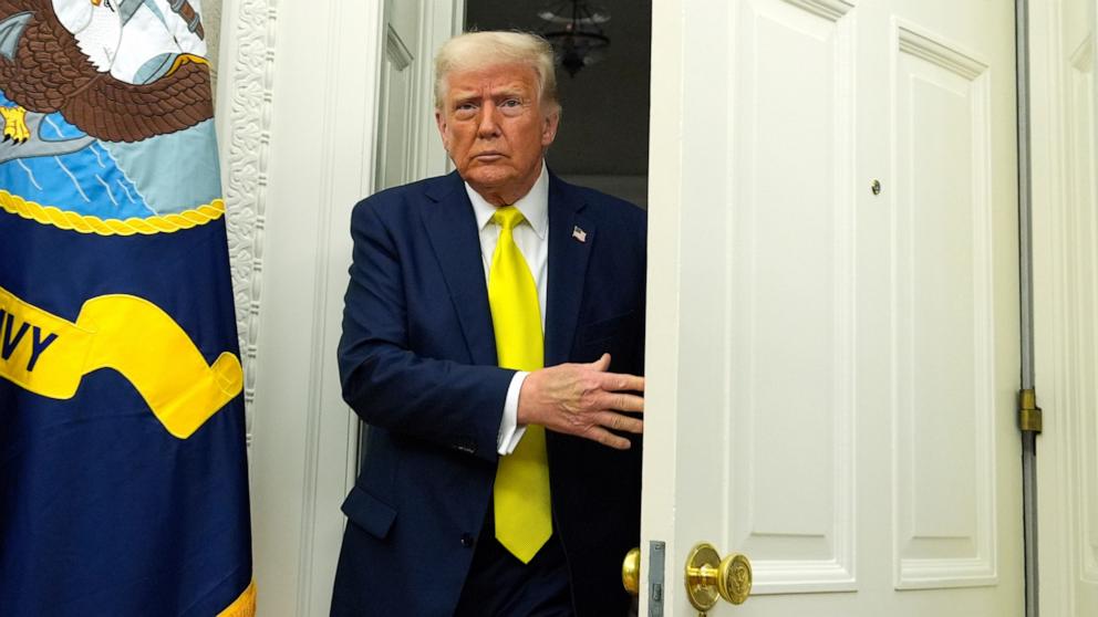 PHOTO: President Donald Trump arrives at a swearing in ceremony for Dr. Mehmet Oz to be Administrator of the Centers for Medicare and Medicaid Services, in the Oval Office of the White House, April 18, 2025, in Washington.
