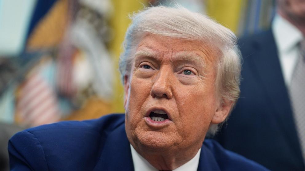 PHOTO: President Donald Trump speaks to reporters in the Oval Office of the White House, May 23, 2025, in Washington.