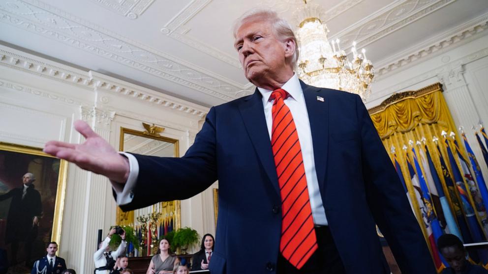 PHOTO: President Donald Trump speaks to invited guests after signing an executive order to begin the process of dismantling the Department of Education at the White House in Washington, Mar. 20, 2025.