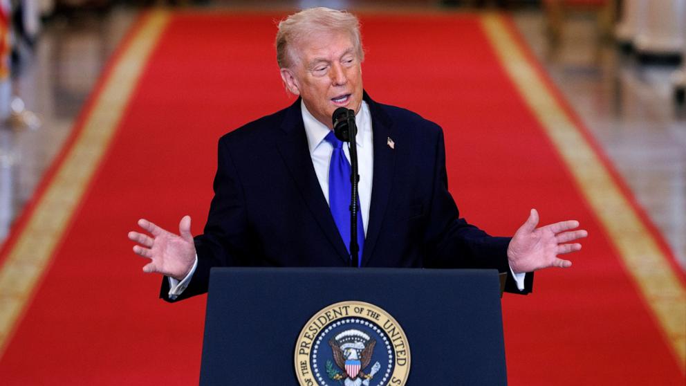 PHOTO: President Donald Trump speaks during the 'Angel Families Remembrance Ceremony' at the White House in Washington, February 23, 2026. 