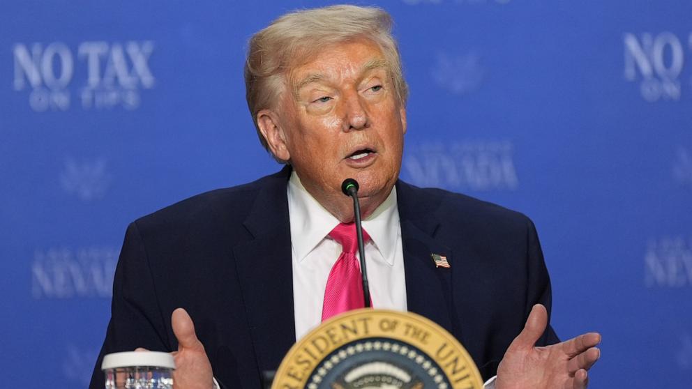 PHOTO: President Donald Trump speaks during a roundtable discussion on his "No Tax on Tips" policy, April 16, 2026 in Las Vegas, Nevada. 