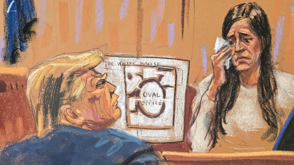 PHOTO: Former President Donald Trump watches as Former Director of Oval Office Operations Madeleine Westerhout testifies during his criminal trial in Manhattan state court in New York City, May 9, 2024, in this courtroom sketch. REUTERS/Jane Rosenberg