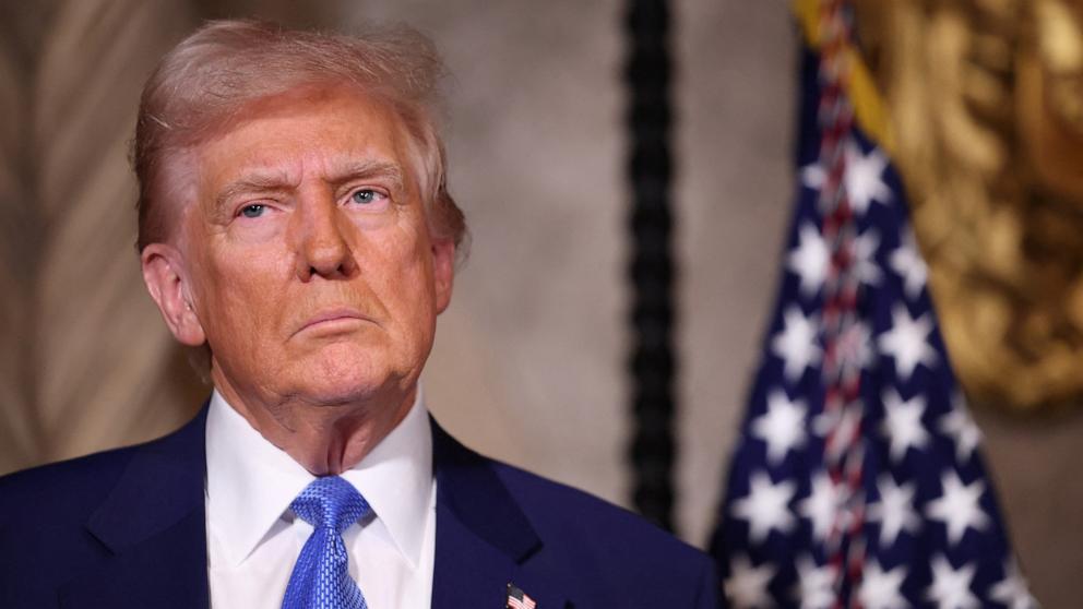 PHOTO: President Donald Trump speaks to the media at Mar-a-Lago in Palm Beach, Florida, Feb. 18, 2025. 