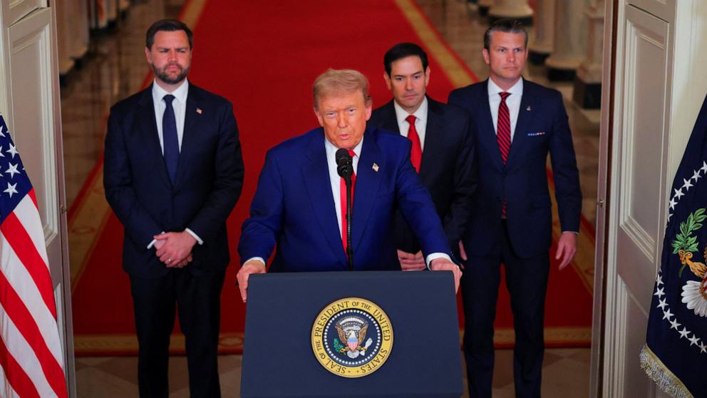 PHOTO: President Donald Trump addresses the nation, alongside Vice President JD Vance, Secretary of State Marco Rubio and Secretary of Defense Pete Hegseth from the White House in Washington, June 21, 2025.