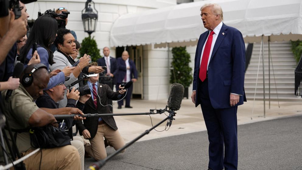 PHOTO: President Donald Trump speaks to the media before boarding Marine One to depart for Glendale, Arizona, to attend a memorial service for slain conservative commentator Charlie Kirk, at the White House in Washington, Sept. 21, 2025.