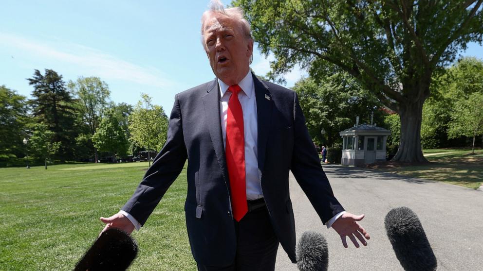 PHOTO: President Donald Trump speaks to reporters as he departs the White House in Washington, May 1, 2026. 
