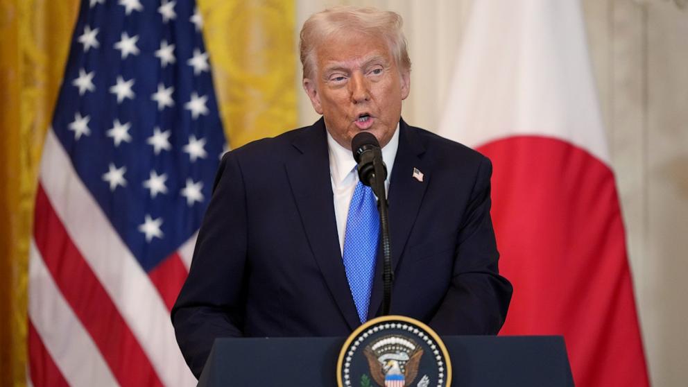 PHOTO: President Donald Trump speaks during a news conference with Japanese Prime Minister Shigeru Ishiba at the White House, Feb. 7, 2025, in Washington. 