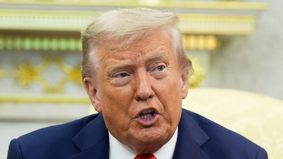 PHOTO: President Donald Trump speaks to the press during a bilateral meeting with South Korean President Lee Jae Myung in the Oval Office of the White House in Washington, August 25, 2025.