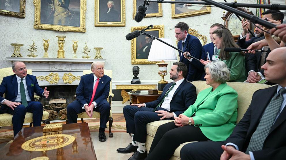 PHOTO: President Donald Trump meets with Irish Prime Minister Micheal Martin in the Oval Office of the White House in Washington, Mar. 12, 2025.