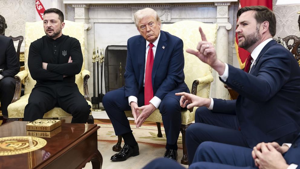 PHOTO: President Donald Trump meets with Ukrainian President Volodymyr Zelenskiy as U.S. Vice President JD Vance reacts at the White House in Washington, Feb. 28, 2025.