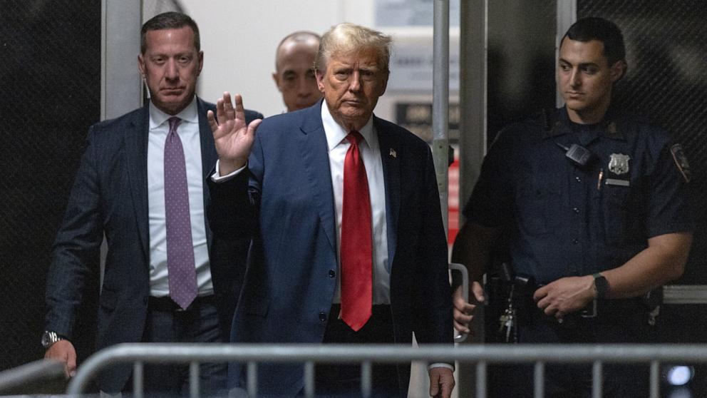 PHOTO: Former President Donald Trump returns from a break in his criminal trial at Manhattan Criminal Court on Apr. 25, 2024, in New York City.