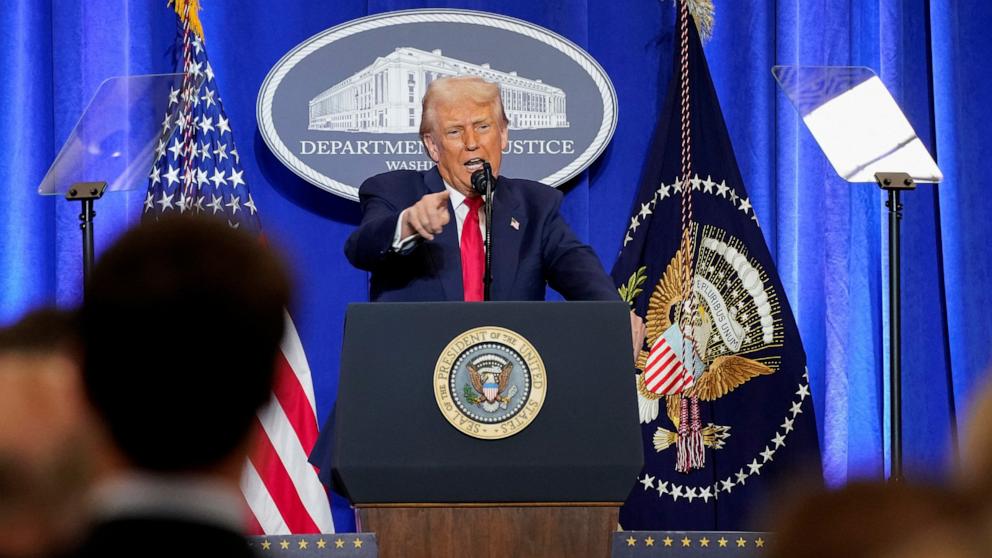 PHOTO: President Donald Trump speaks at the Department of Justice in Washington, Mar. 14, 2025.