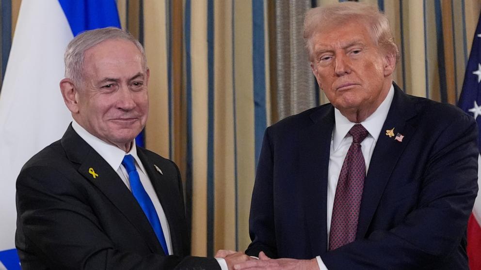 PHOTO: Israel's Prime Minister Benjamin Netanyahu shakes hands with President Donald Trump after a news conference in the State Dining Room of the White House, Sept. 29, 2025, in Washington.