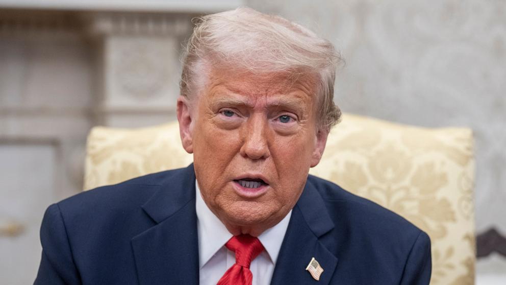 PHOTO: President Donald Trump speaks as he meets with President Nayib Bukele of El Salvador in the Oval Office of the White House, April 14, 2025 in Washington.